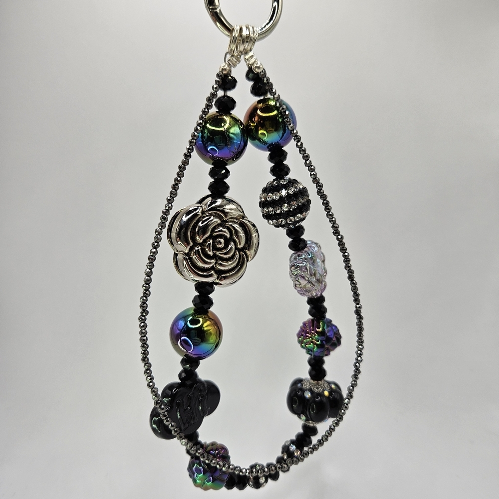 Colorful Beaded Keychain Or Phone Chain with Silver Rose